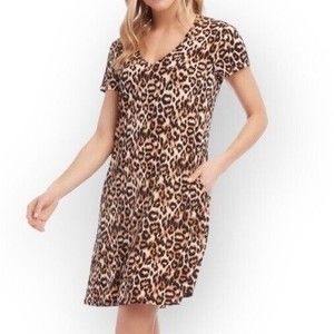Karen Kane XS Mini Dress Leopard Print Short Sleeve Brown Jersey Casual Pockets